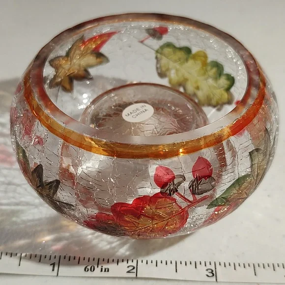 Yankee Candle Crackle Glass Leaves Tealight Holder, New In Box, Autumn Leaves - Picture 5 of 5